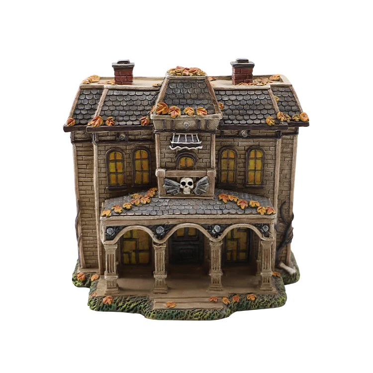 2024 Factory Supplies Wholesale Resin Pumpkin Ghost Skull Halloween Village With Light Resin Haunted House Props Halloween Decor