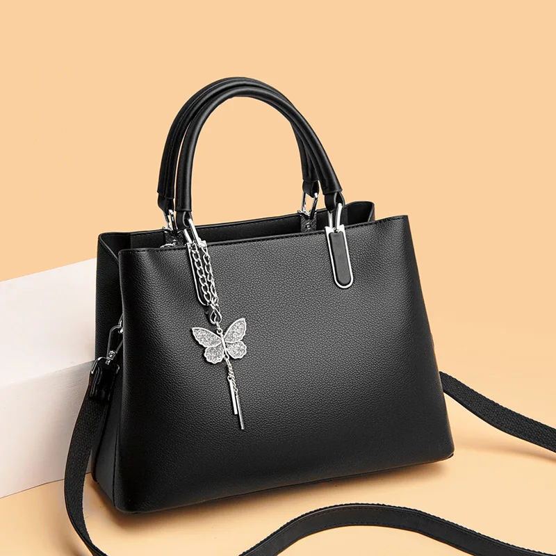 2023 Hot Sell Classic Elegant Style Plain Butterfly Decoration Embossed Litchi PU Leather Tote Shoulder Bag Handbags