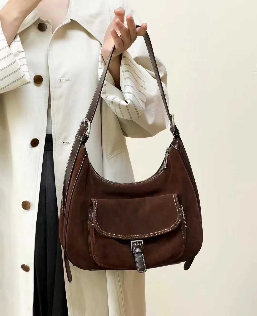 Cow Suede Leather Hobo Handbags Casual Design Cow Leather Bags Purse Handbag Coffee