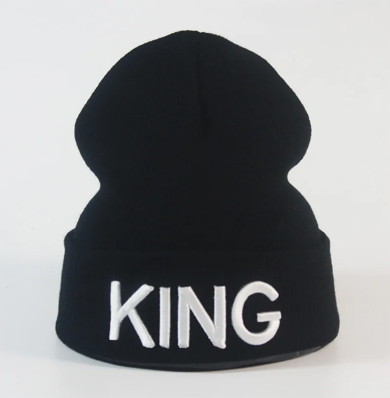 Couple Gifts Autumn Winter Spring Black White Gold King 3D Embroidery Acrylic Knitted Cap Beanie Hat for Men Women