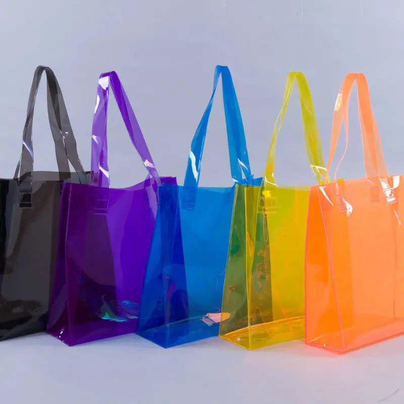 Custom logo plastic cute transparent waterproof neon candy color PVC beach gift shopping tote bag