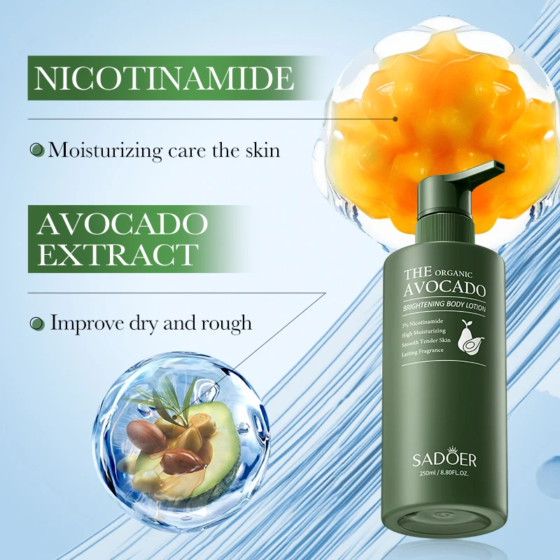 SADOER Private Label Factory Price Body Lotion Moisturizing Avocado Nicotinamide Whitening Formula to Brighten Your Skin