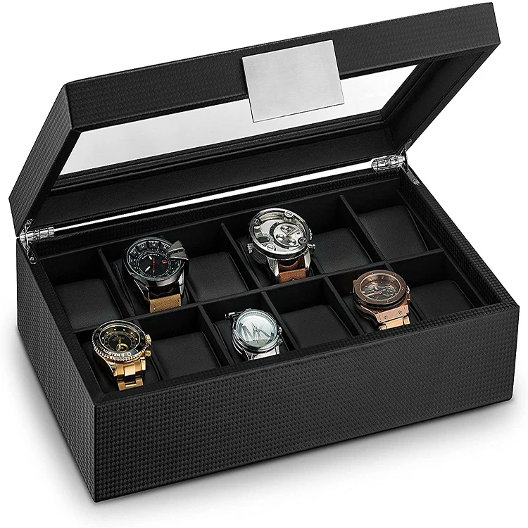 
High Quality Carbon Fiber 12 slots Watch Boxes With Pu Leather Cushions And Black Watches Case Display 