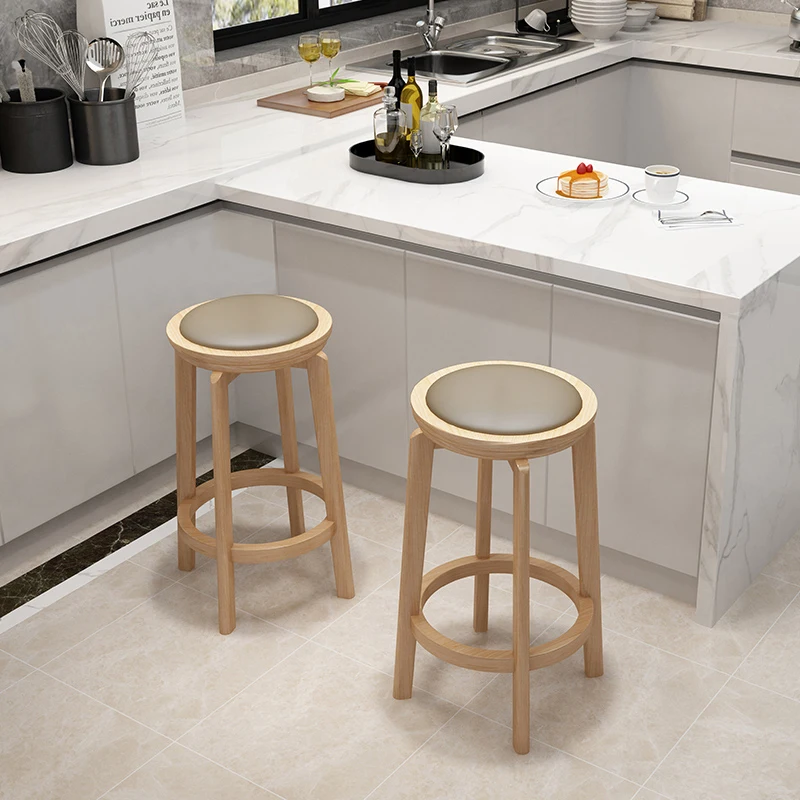 360 angle swivel rotated without back side chair Kitchen wooden bar chair stool upholstered PU Leather Cushion with wooden pedal