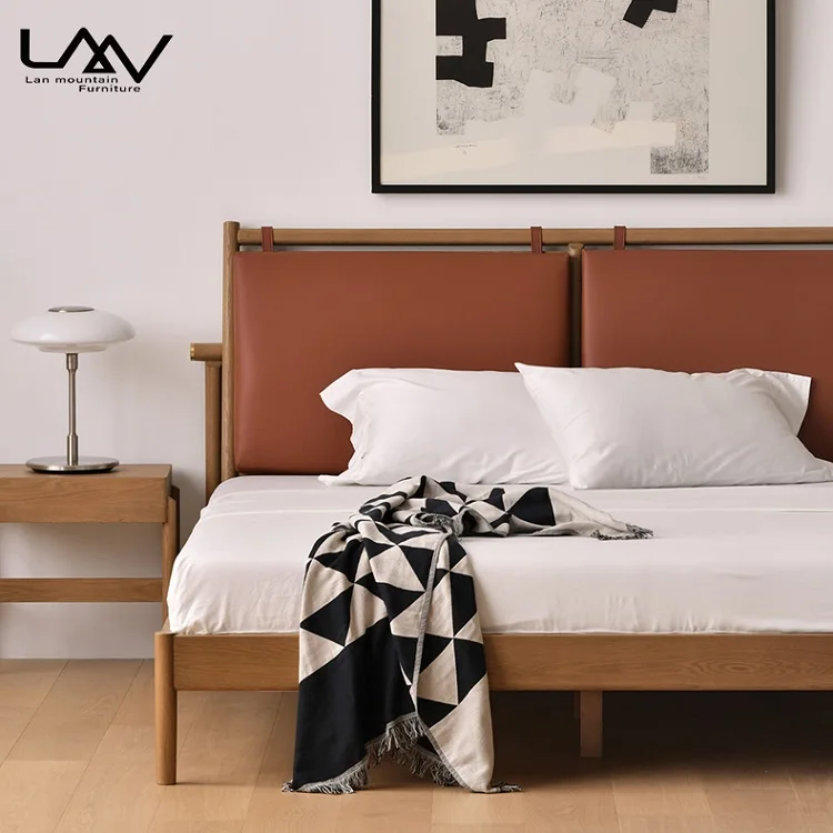 Nordic style Modern Simple solid wood 1.8 m double bed bedroom upholstered backrest leather bed furniture