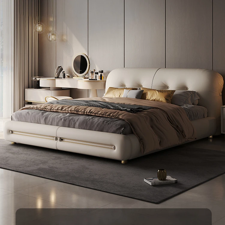 Designer High-End Luxury Modern Minimalist Genuine Leather Bed  Up-Holstered Large Bed for Bedroom Furniture
