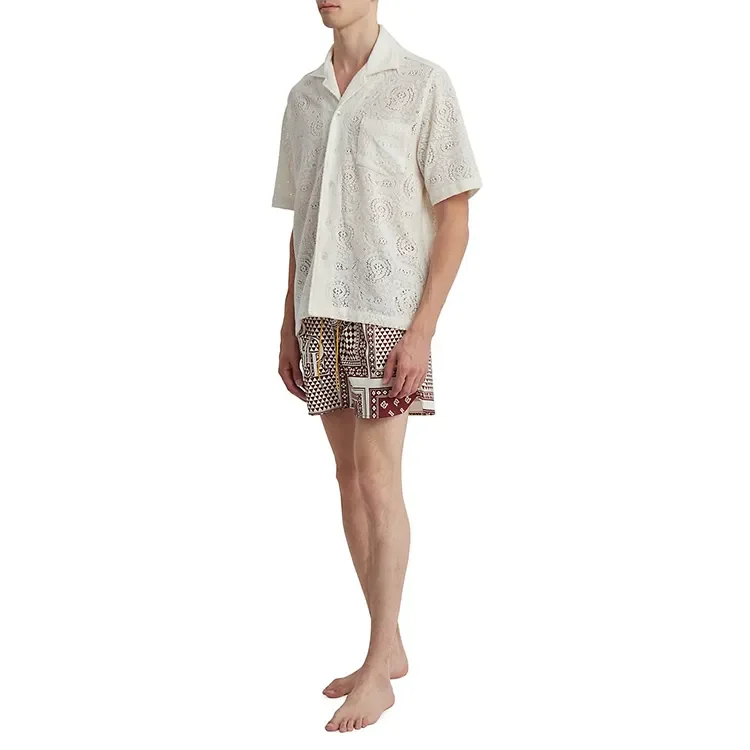 Lace Short Sleeves Crochet Shirts for Men Customized Logo Jacquard Pattern Button up Casual OEM Summer Lace Fabric Tops