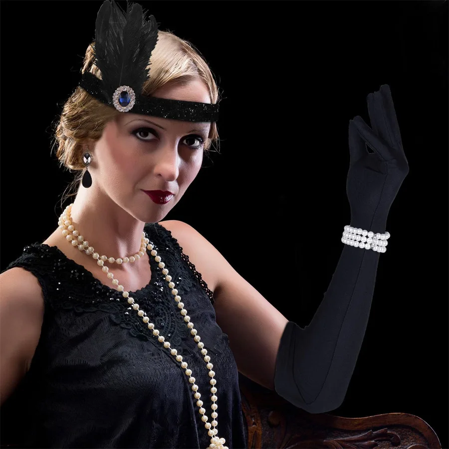 1920s Flapper отличный набор аксессуаров Gatsby модный ревущий 20 тематический с повязкой на голову черные перчатки ожерелье серьги