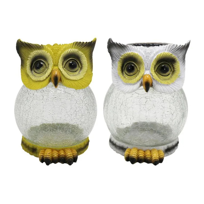 Solar Powered Animal Night Light Owl Resin Glass Crack Design Decorative Lamps for Garden Lighting Table Decoration White Yellow