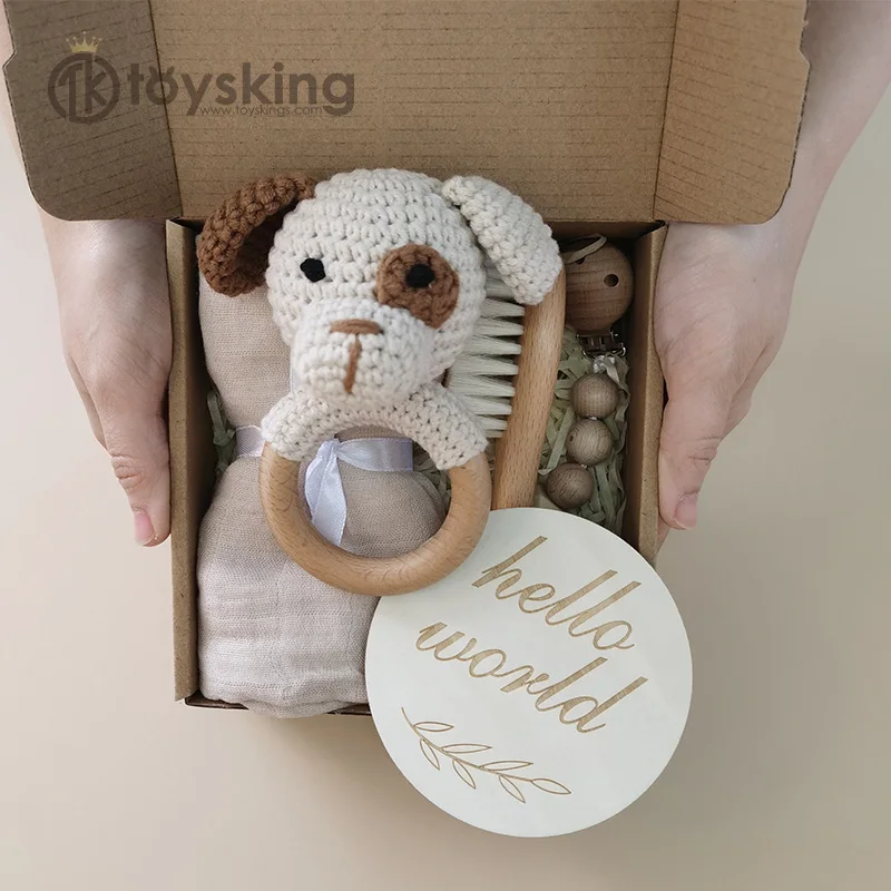 BPA Free Crochet Baby Teether Doll Beech Wood Newborn Teether Ring Pacifier Clip Baby Milestone Birth Gift Box 6pcs/set
