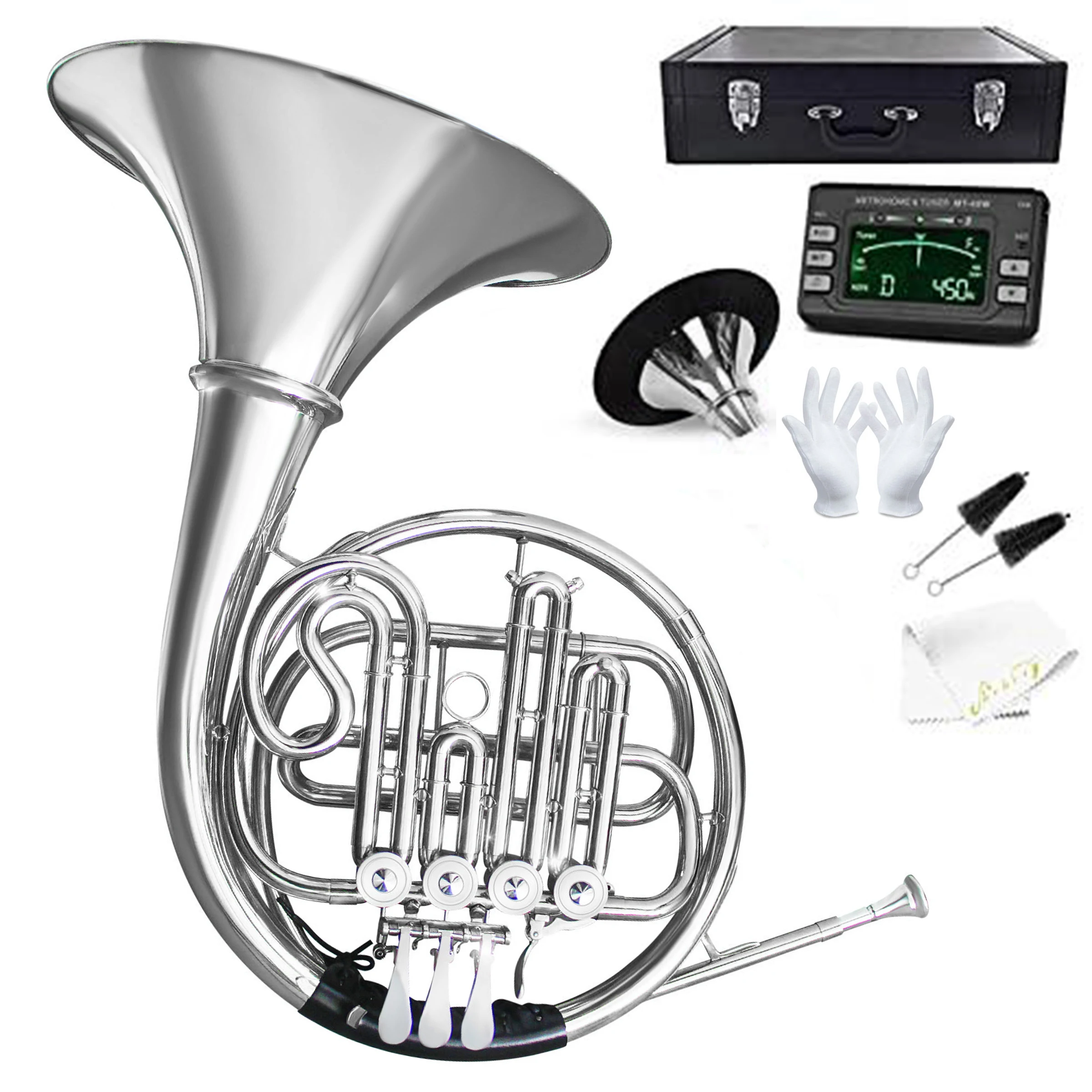 4 Keys Brass Lacquer Silver Craft French Horn B Flat Single Row French Horn With Hard Case for Beginner Adult