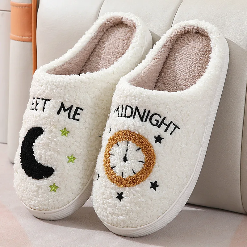 New Moon Clock Pattern Cotton Warm Plush Fuzzy House Winter Home Fluffy Fashion Fur Slippers