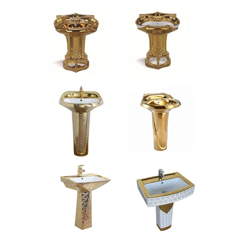 Ceramic golden pedestal wash basin for wc bathroom gold basin