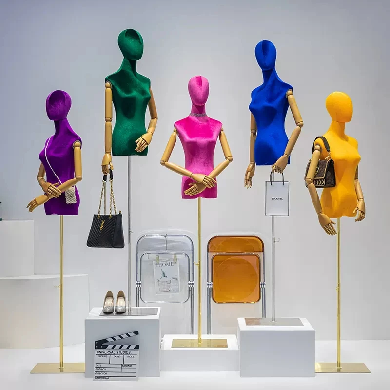 Window Clothing Fashion Female Half-Body Mannequins Dummy Models Woman Adult Velvet Dress Form Lady Mannequin with Wooden Arms