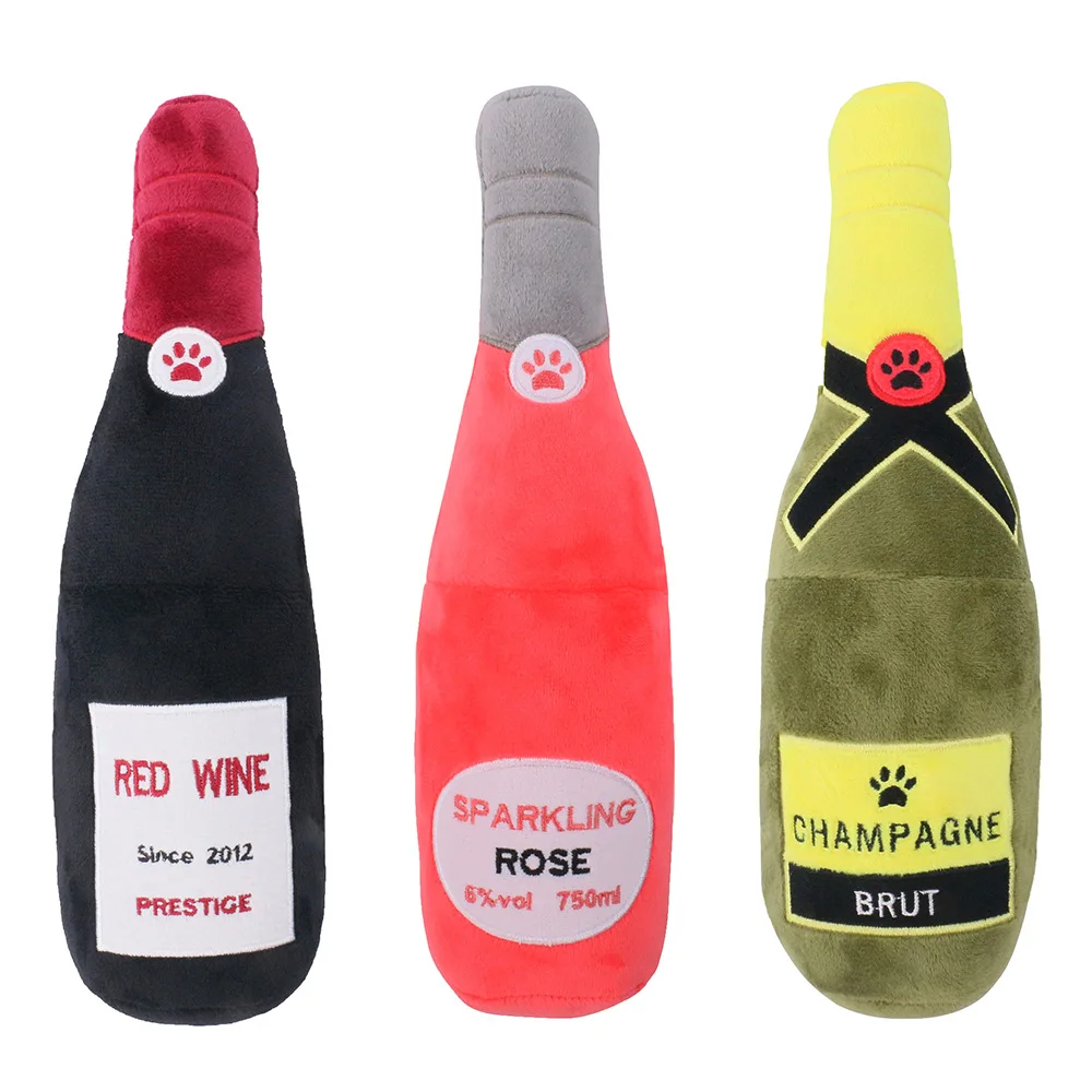 OEM Label Pet Toy Present Squeak Wine Bottle Shape Dog Plush Toys