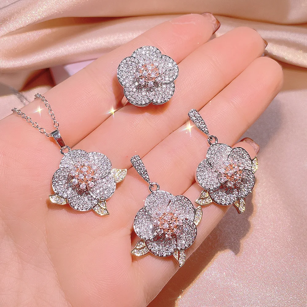 Wholesale women Cute Pretty Flowers Diamond women Jewelry Set silver plated women jewelry