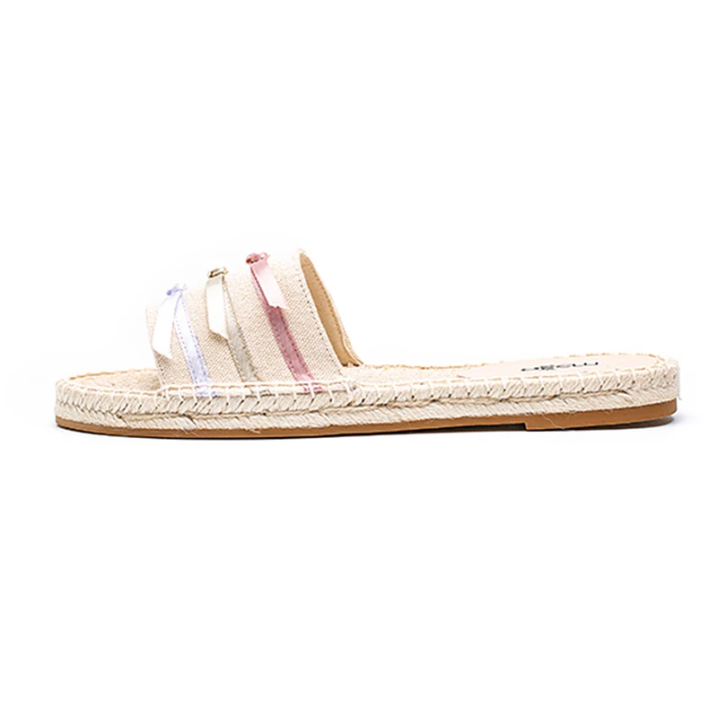 The women fashion popular colorful silk ribbon bow canvas vamp basic slipper slip on espadrilles flat shoes