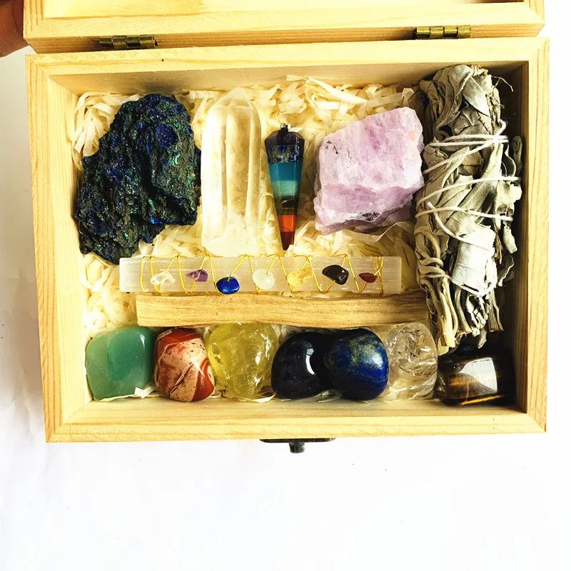 Wholesale natural  crystal healing stone set  kunzite azurite sage palo santo 7 Chakra Stones Kit for  Meditation