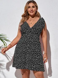 Women Oversized All Over Heart Side Tie Wrap Printed Halter Mini Plus Size Dress 2022