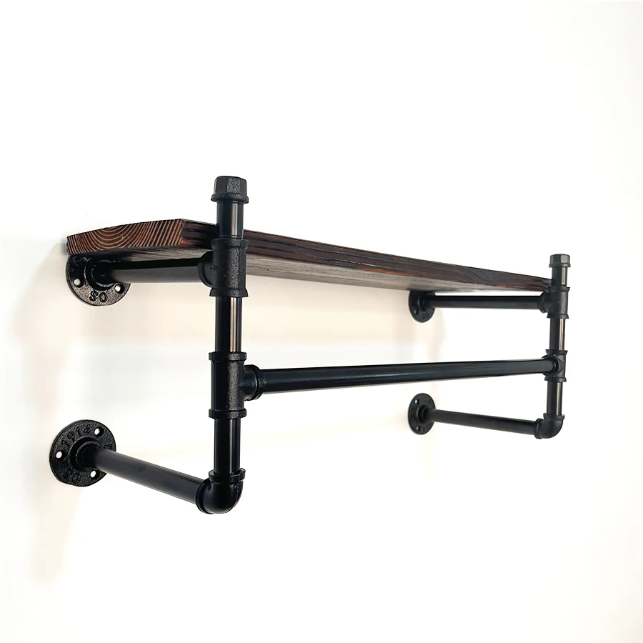 Industrial  Carton Retro Hanging Shelves Black Pipe Shelf Retail Bracket Floating Wall Mounted Metal Clothing Rack