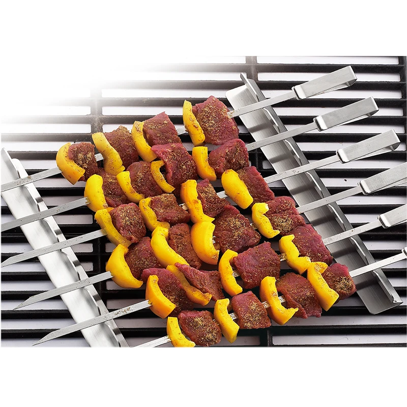 
hot selling factory outlet stainless bbq tool set kebab rack with 6 wide skewers 