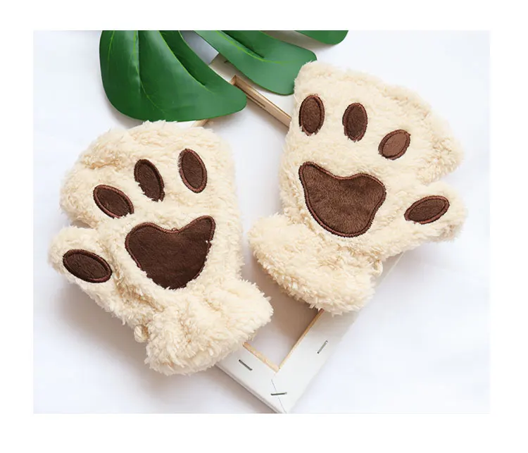 2021 Fashion Ladies  Winter Cute Mitten Soft Half Finger Gloves Warm Paw Cat Claw Plush Fingerless Gloves