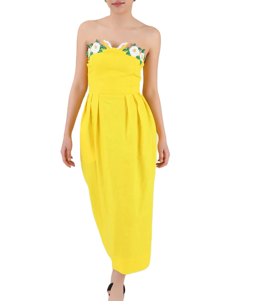 OEM Высокое качество Элегантные без рукавов Вышивка желтые платья миди