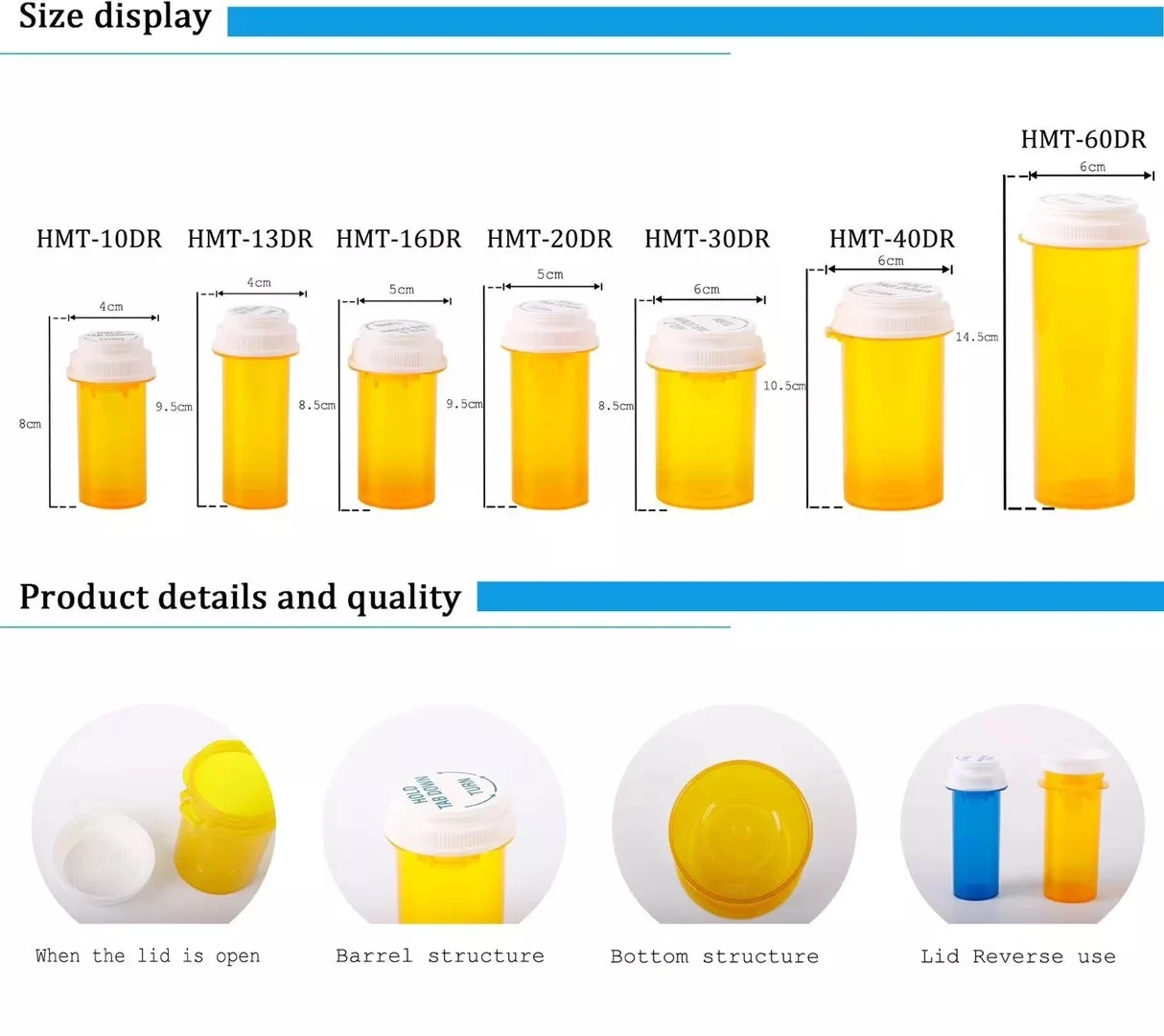 8dr 13dr 16dr 20dr 30dr 40dr 60dr Child Proof Pill Bottle Reversible Cap Prescription Push Down And Turn Plastic Vials