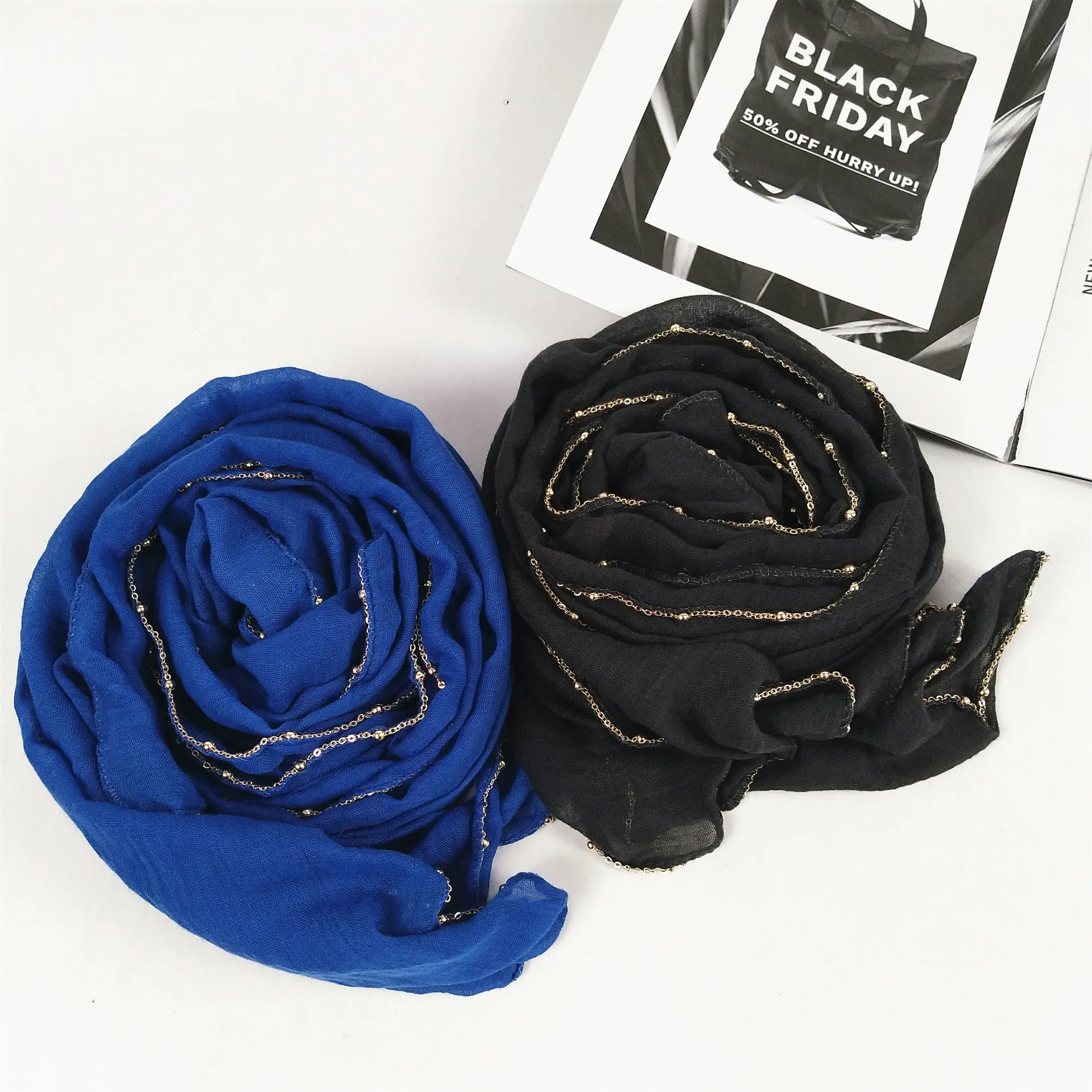 Popular Bling Gold Ball Chain Soft Cotton Hijab Muslim Hijab Shawl Turban Arab Girls chiffon Hijabs