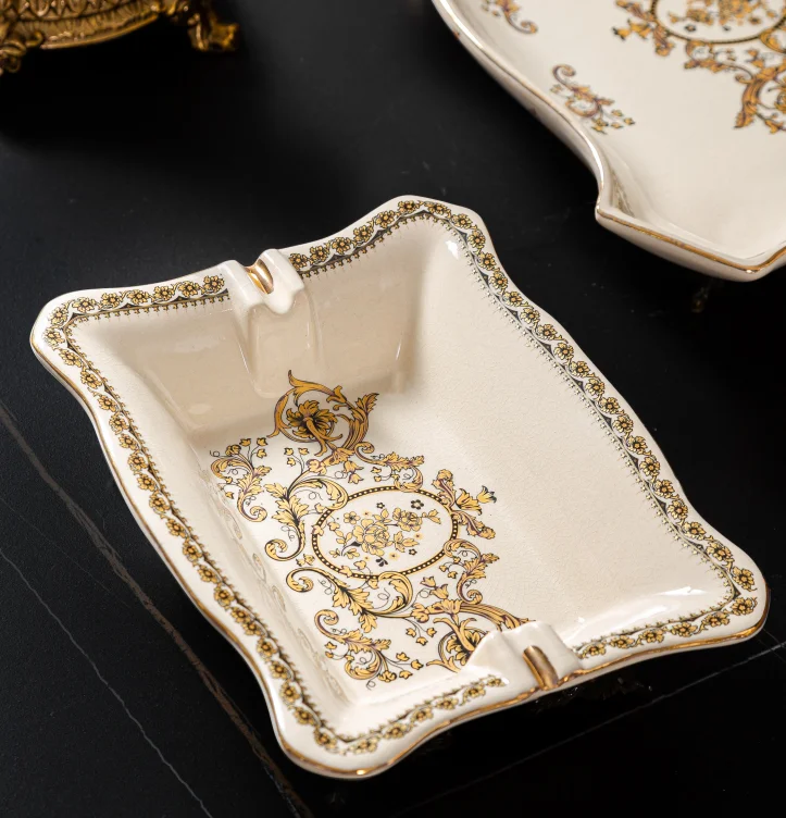 High Quality Custom Luxury Gold Flower Pattern Cigar Ashtray  Rectangular  Ceramic Ashtrys With Copper Handle