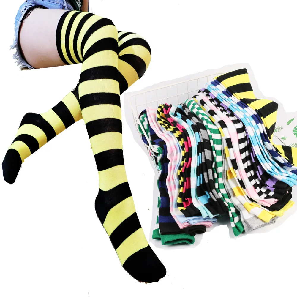 Knee high sock custom cosplay striped stockings Sexy manga cotton wholesale jacquard white black party costume