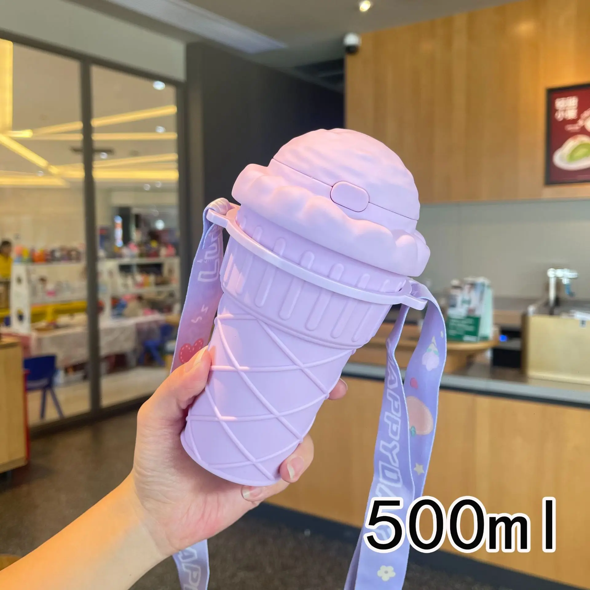 High appearance level creative ice cream shape cup portable student kids strap 500ml bpa-free plastic water bottle with straw