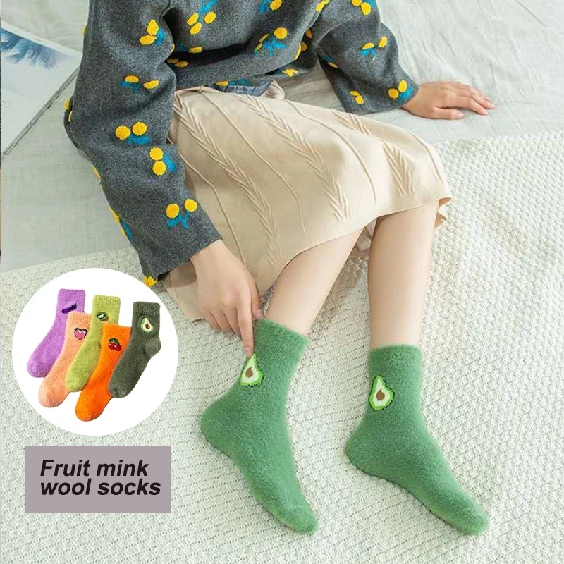 FINETOO Women Socks Mink Velvet Bedroom Thicken Cute Fruit Sleepwear Home Female Sleep Floor Warm