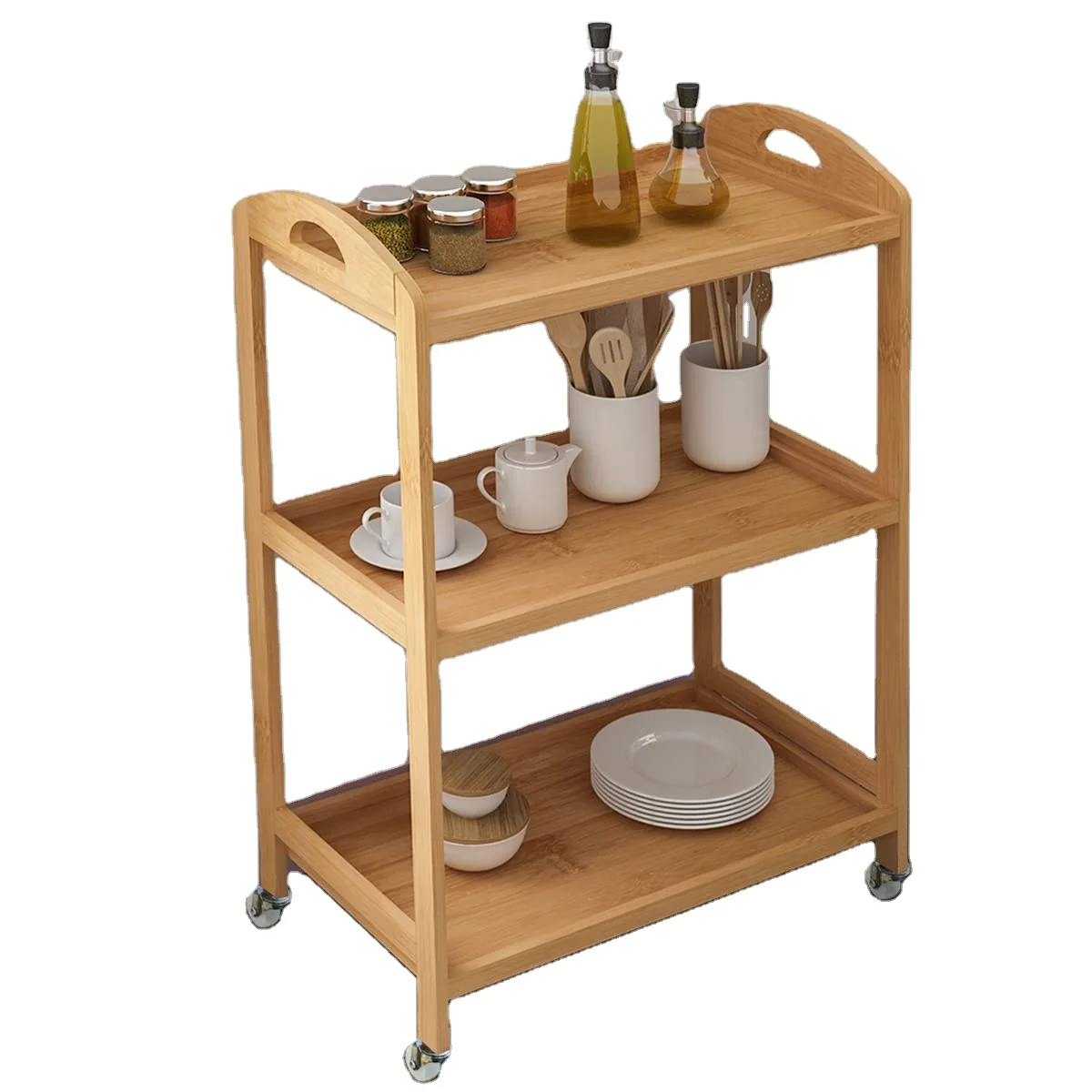 Bamboo Bar Serving Carts, 3-Tier Kitchen Storage Rack on Wheels