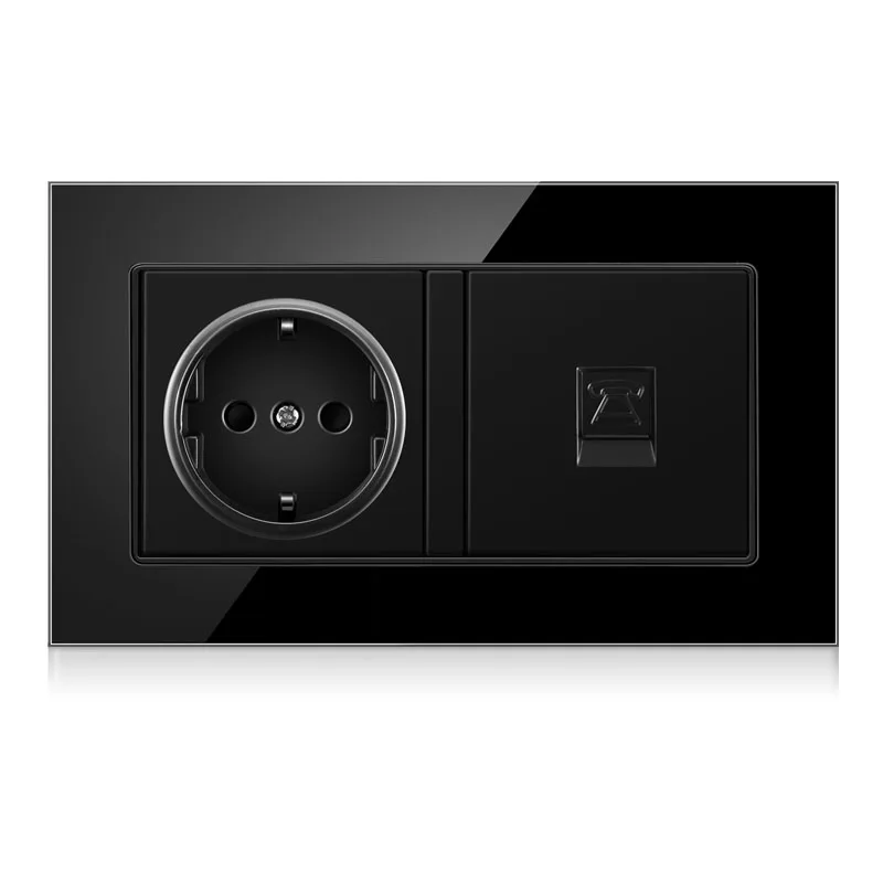 Full mirror crystal glass panel German EU standard wall switch socket with a telephone jack