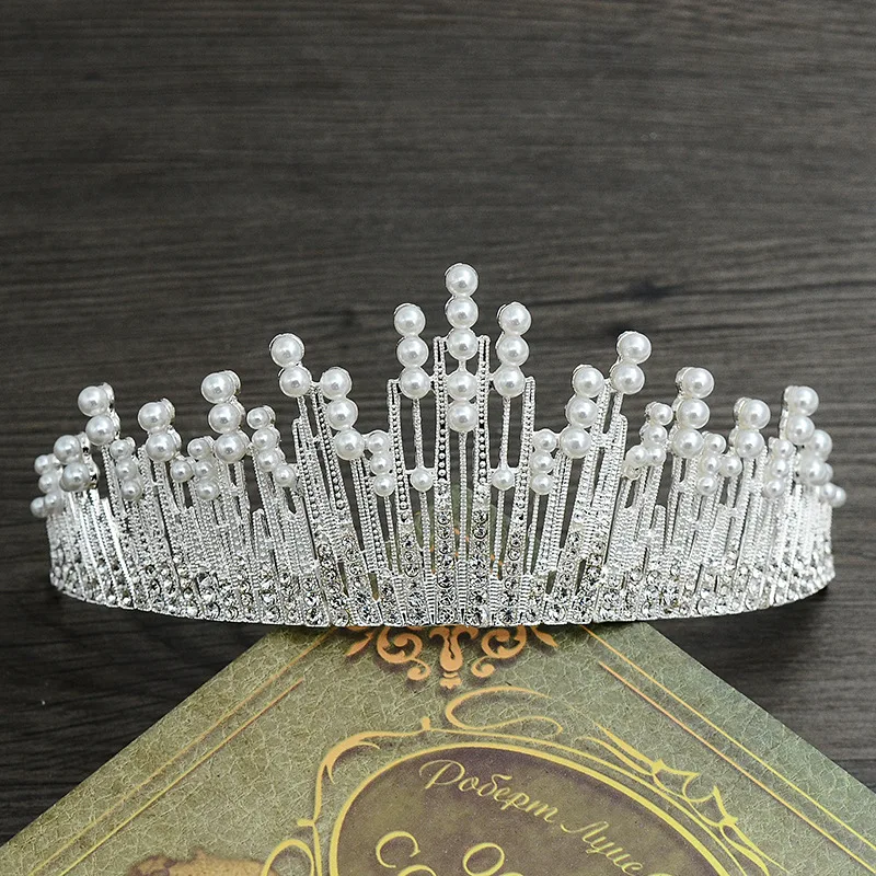Diamond Imitation pearl alloy big crown headdress wedding dress hair ornament for the bride