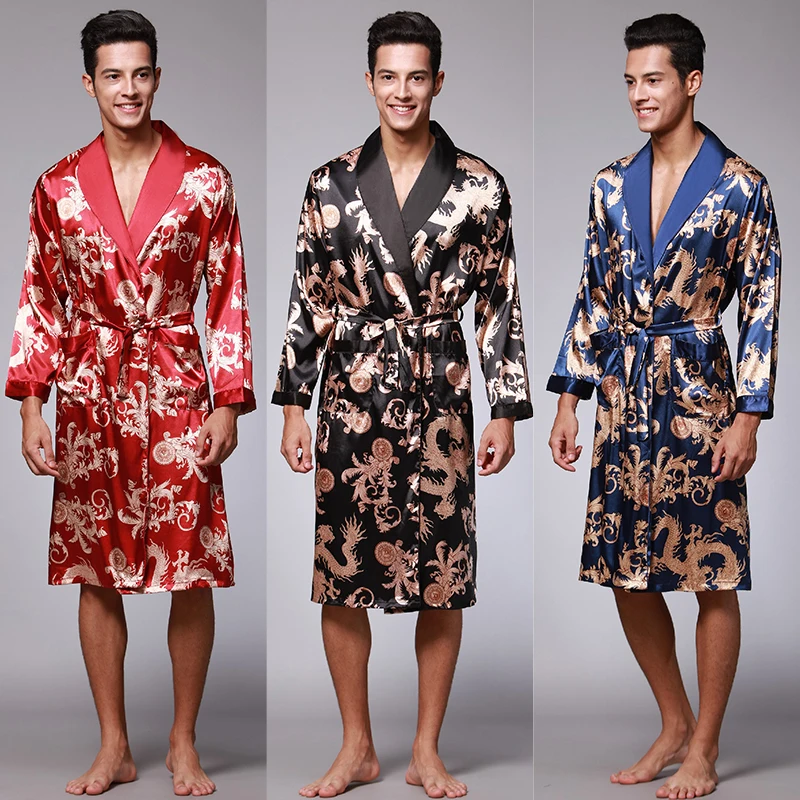 New Fashion Satin Home Men Pajamas Set Satin Men Sleepwear Party nightgown long sleeves household nightdress