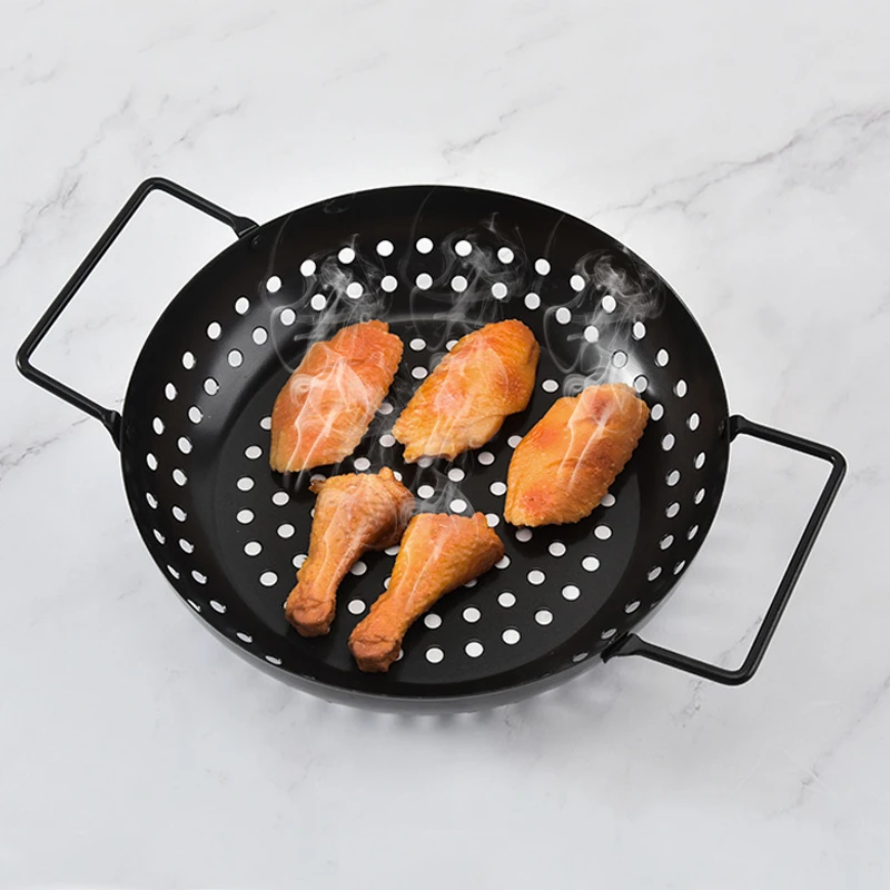 Round binaural spray paint baking pan Leaky hole nonstick paint baking pan vegetable baking basket Outdoor barbecue pan