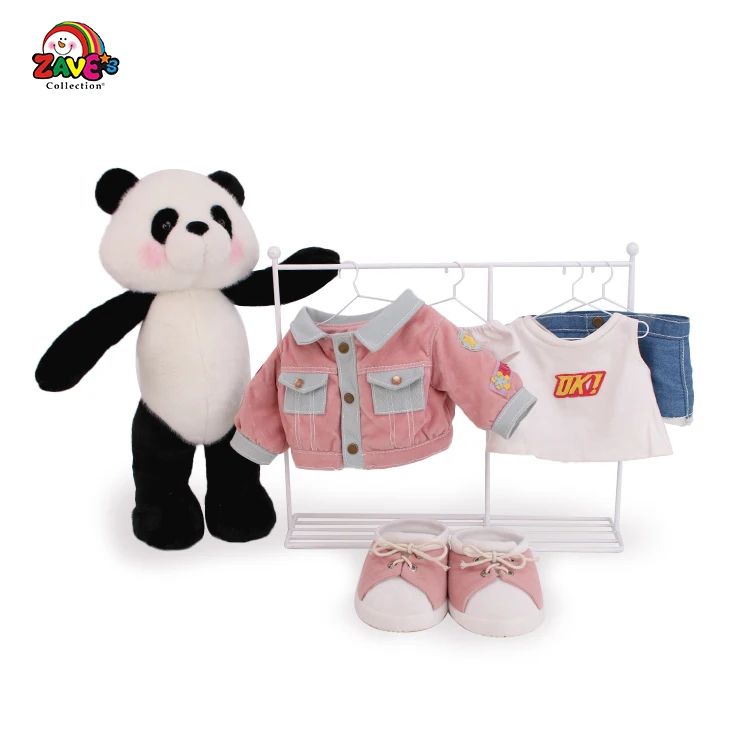 Zaves 15.5 Inch Standing Panda Plush Doll Pink Denim Dress Play Exhibit Black White Fabric Skin Friendly Novelty Gift