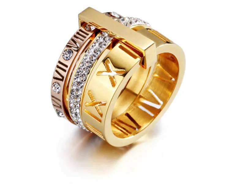 3 Tone Plated CZ Crystal Roman Numeral Ring for Women Girls 3 in 1 Spinner Stainless Steel Rings