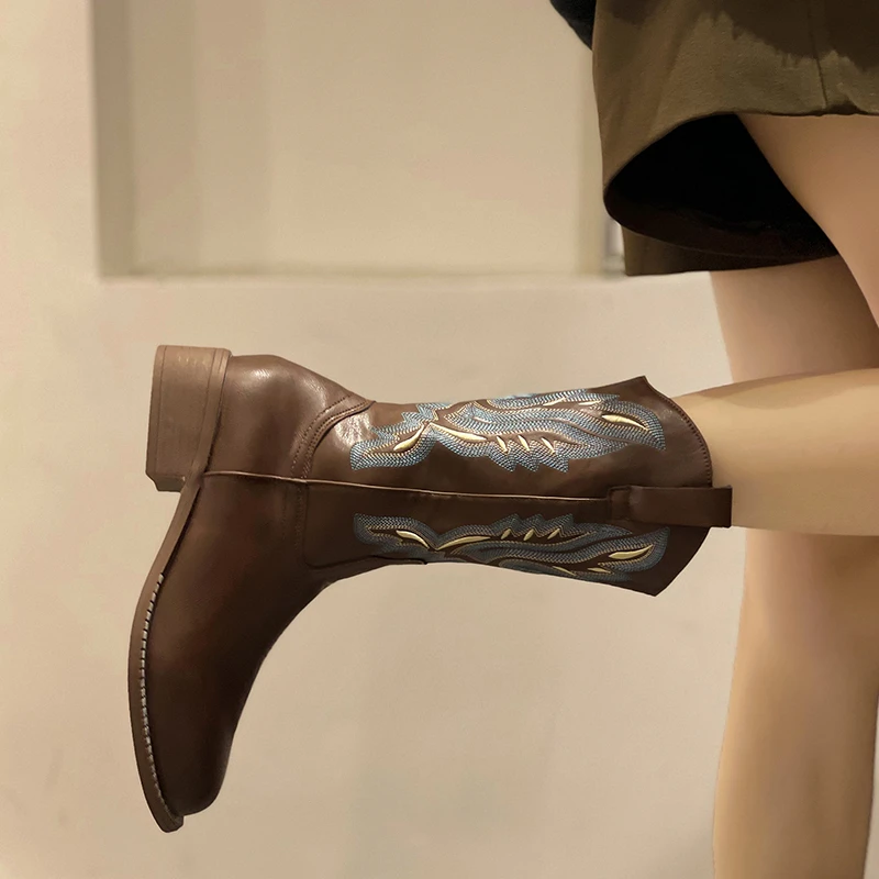 Vintage embroidered Doc Martens for women Summer brown heel boots Net Red Knight Ankle Boots for women Western Cowboy boots