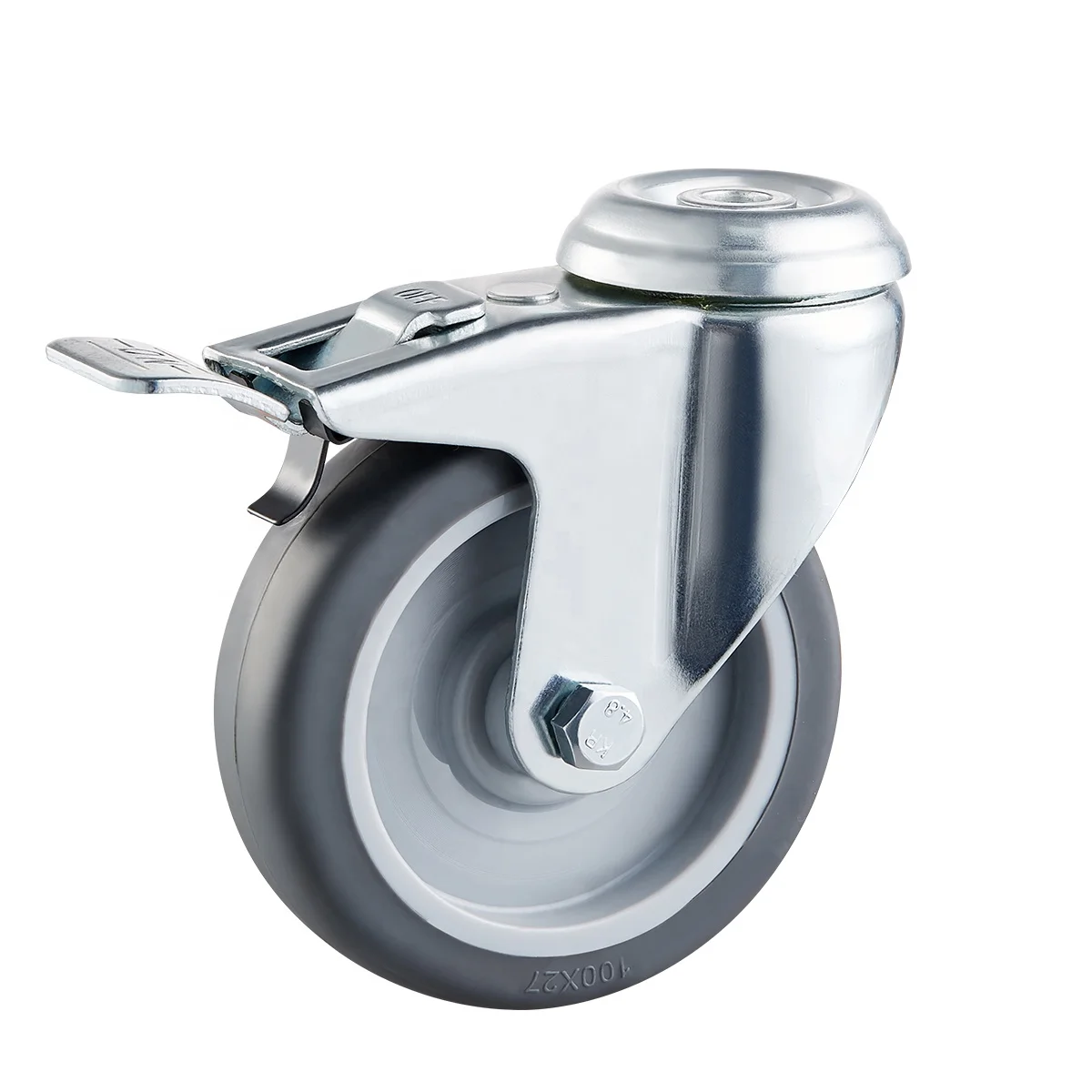 Bolt caster wheel with brake 4inch grey TPR swivel rubber roller 100mm castor with lock
