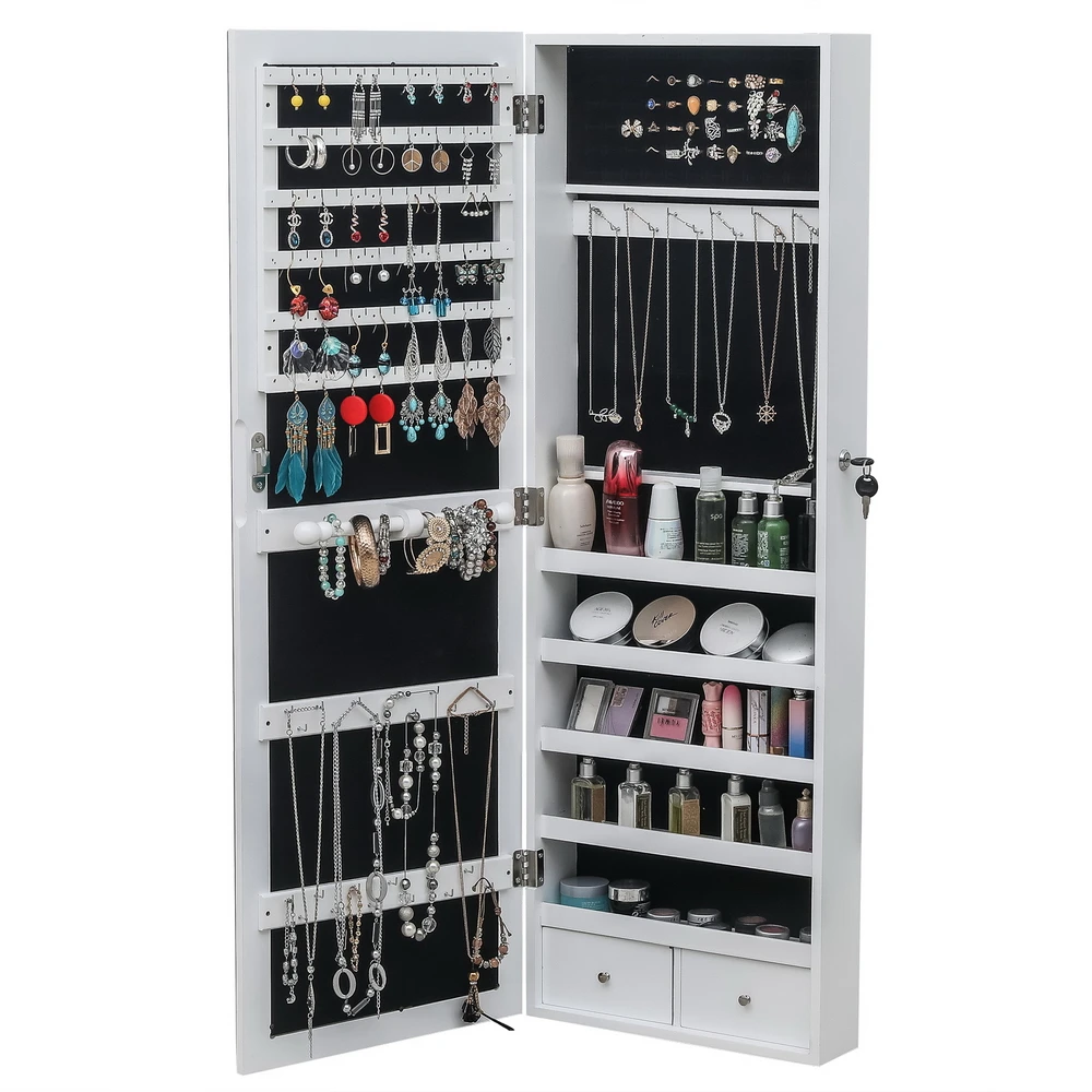 FREE SHIPPING Full Mirror Wooden Wall Hanging 5-Layer Shelf 2 Drawer Jewelry Storage Mirror Cabinet - White