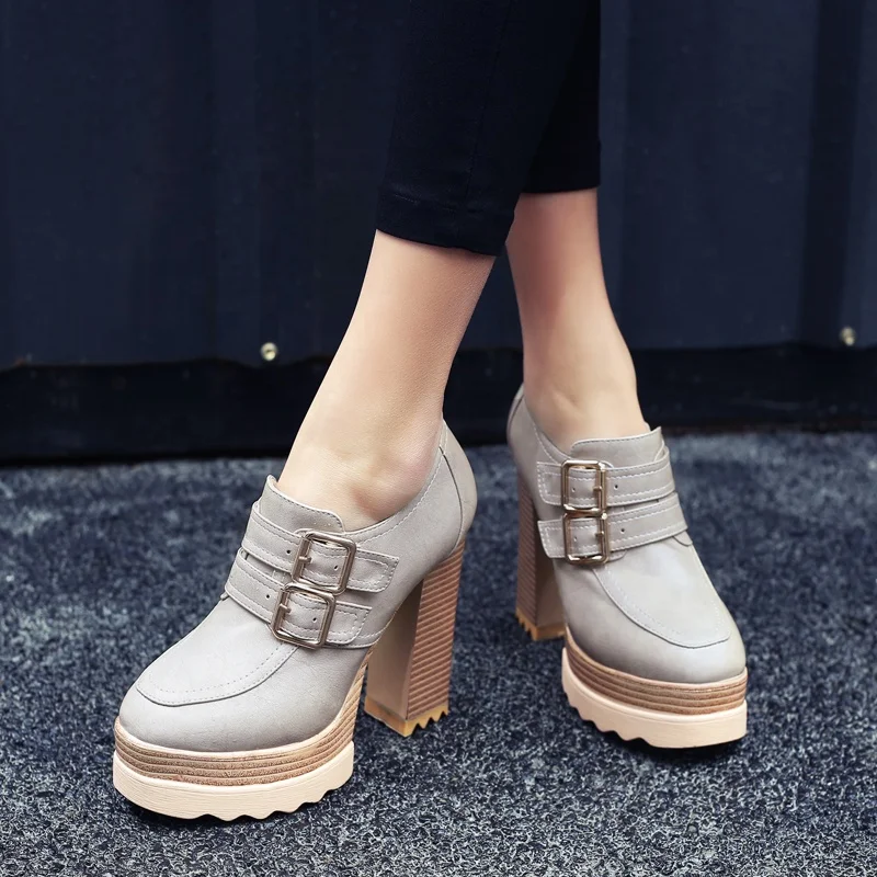 New Round Head Waterproof Platform Buckle Thick Heels Pumps