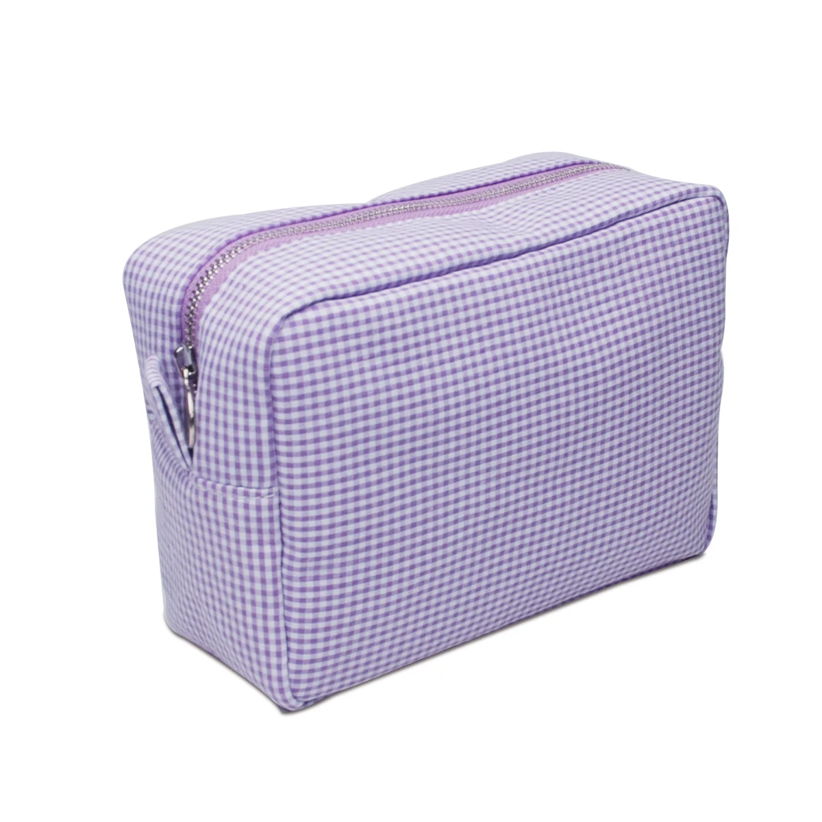 New Arrival Monogrammed Hanging Elegant Portable Gingham Seersucker Aqua Cosmetic Bag Travel Toiletry DMA51858
