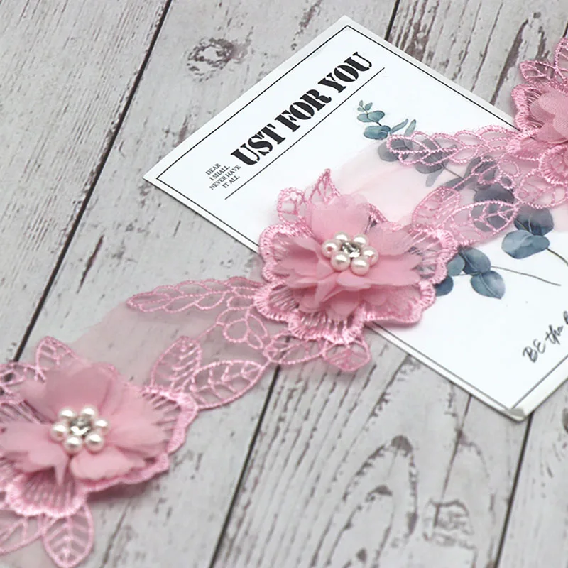 DIY Embroidered Wedding bridal Knitting Pearl Flower Organza Patchwork Ribbon Lace Trim