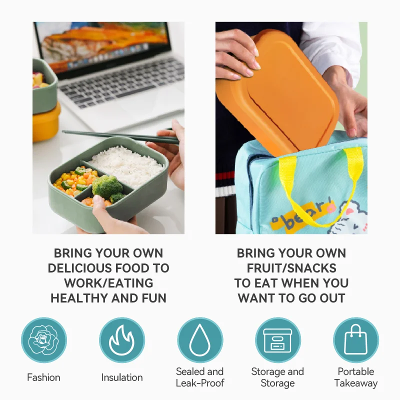 Hot Sale Foldable Food Storage Container Snack Box Bpa Free 3 Divider Lunch Bento Box Kitchen Silicone Lunch Boxes Sets For Kids