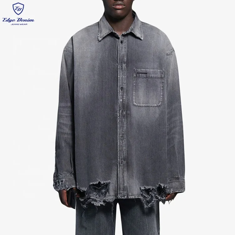 EDGE DENIM Custom used vintage washed jeans shirt grey mens denim jeans shirts for men