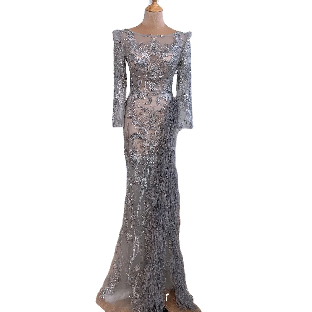 Grey O Neck Long Sleeves Elegant Evening Gown Serene Hill LA70828 Wholesale Formal Party Dresses With Feathers