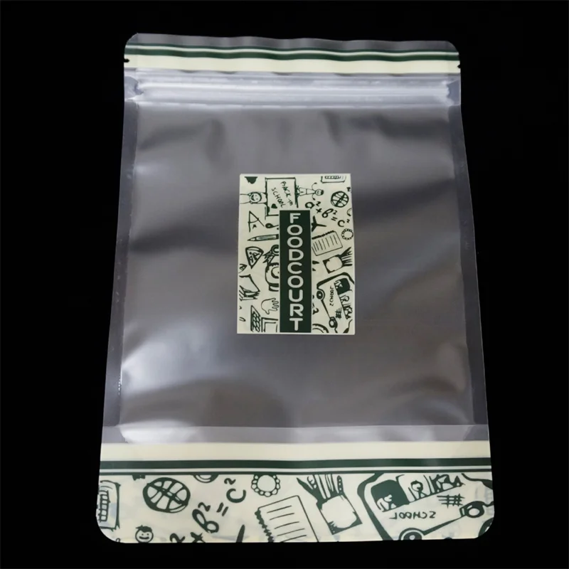 Resealing Bag Matte Transparent Stand Up Zip Lock Bags With Green Printed Plastic Pouch Zipper Grip Seal Beef Jerky Pack
